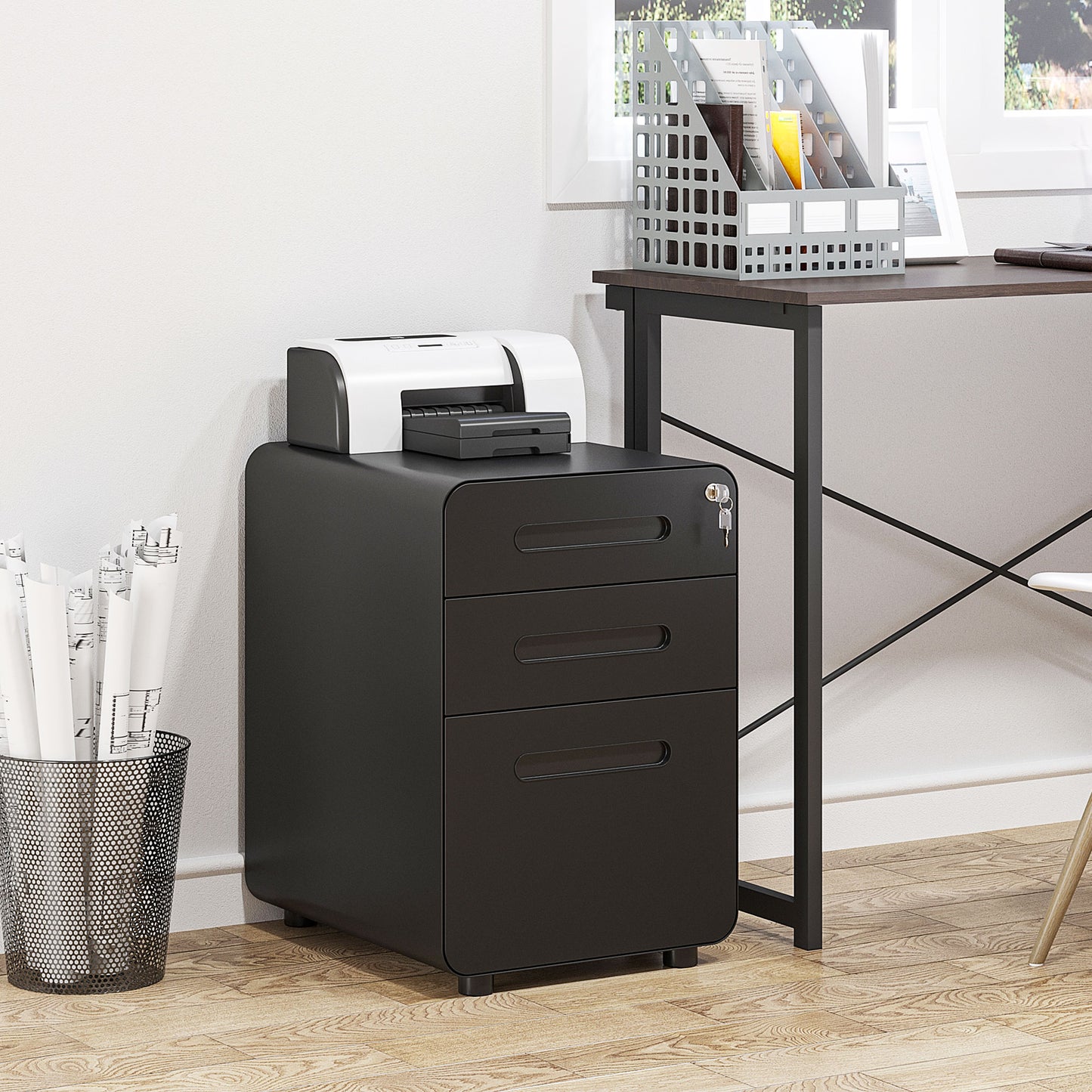Lockable File Cabinet with 3 Drawers, Vertical Office Drawer for A4, Letter, Legal Size, Anti-tilt Design