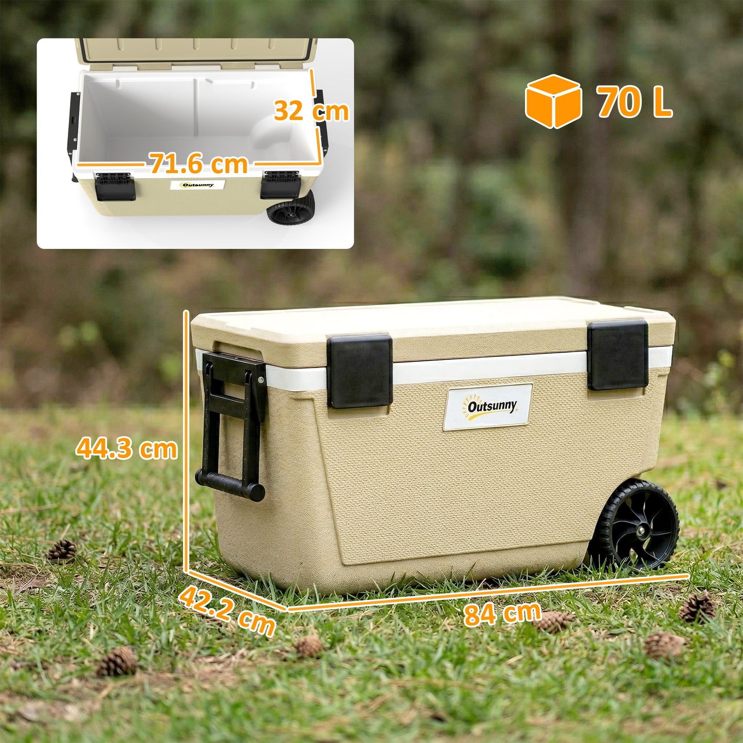 70L Insulated Cool Box with Wheels, Portable Ice Cooler with Handle, Lid and Drain Valve, Khaki