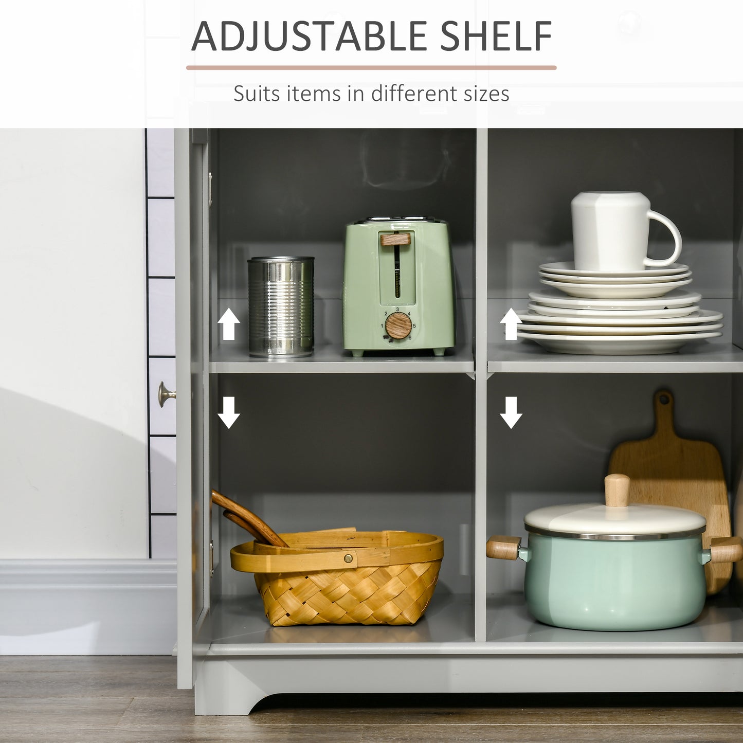 Sideboard with Rubberwood Top and Independent Storage Shelves for Dining Room, Kitchen - Grey