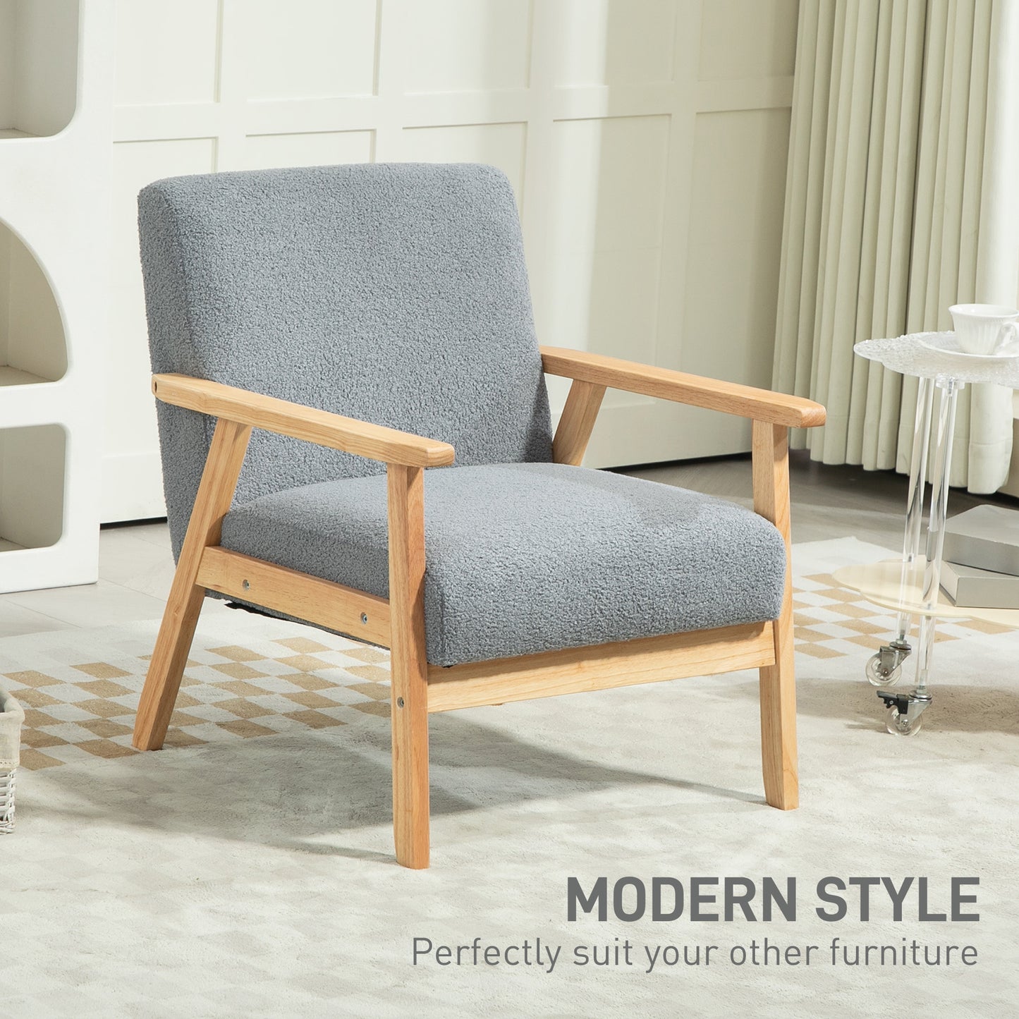 Modern Armchair, Sherpa Fleece Upholstered Accent Chair with Solid Wood Legs and Wide Seat