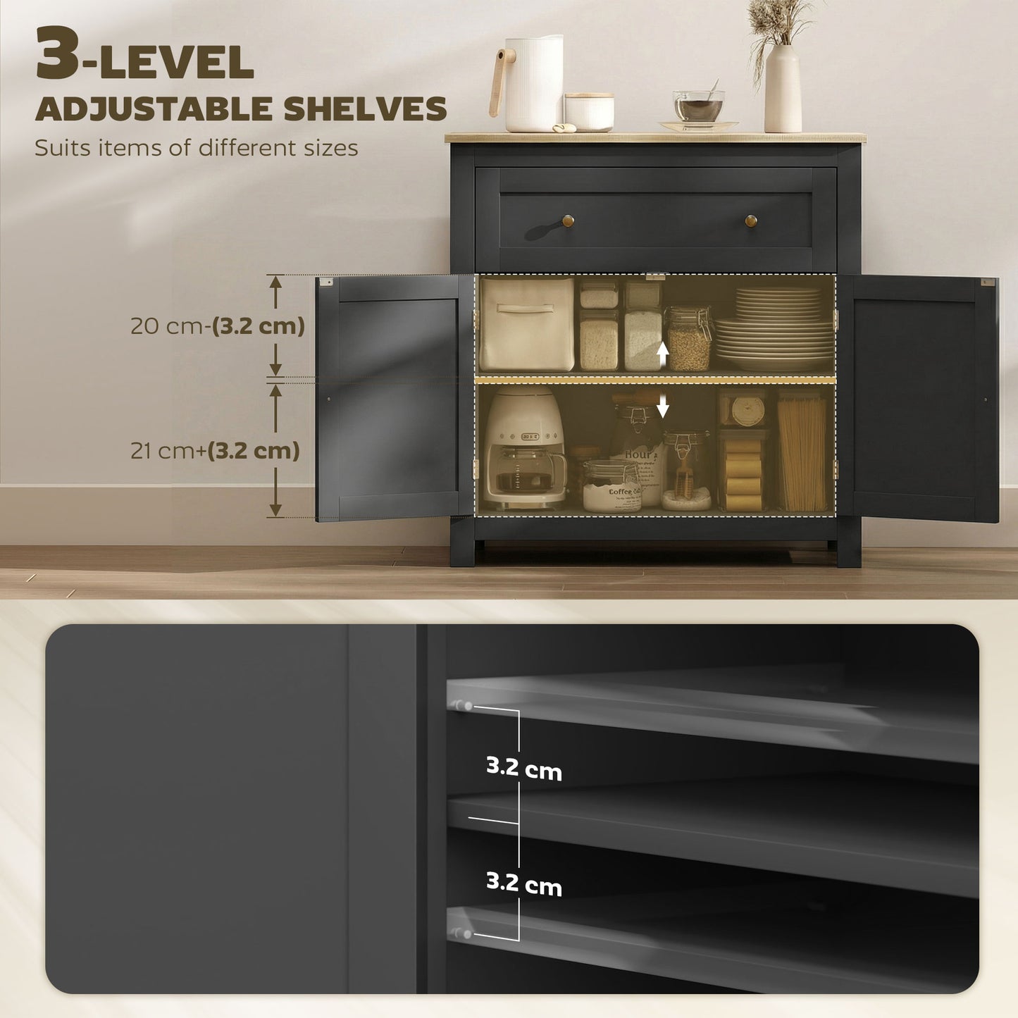 Sideboard Storage Cabinet, Modern Kitchen Cupboard with Adjustable Shelf, Drawer and Double Doors, Black