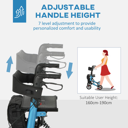 Folding Rollator Walker with Seat, Backrest, Lightweight Walking Frame with Storage Bag, Dual Brakes