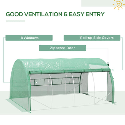 Polytunnel Greenhouse Walk-in Grow House Tent with Roll-up Sidewalls, Zipped Door and 8 Windows, 4x3x2m Green