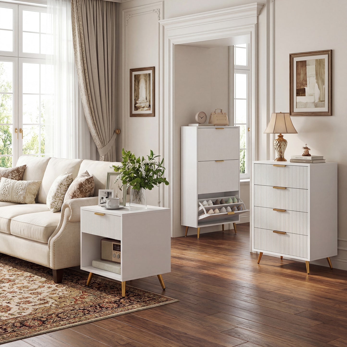 Elegant Three-Drawer Shoe Cabinet - White