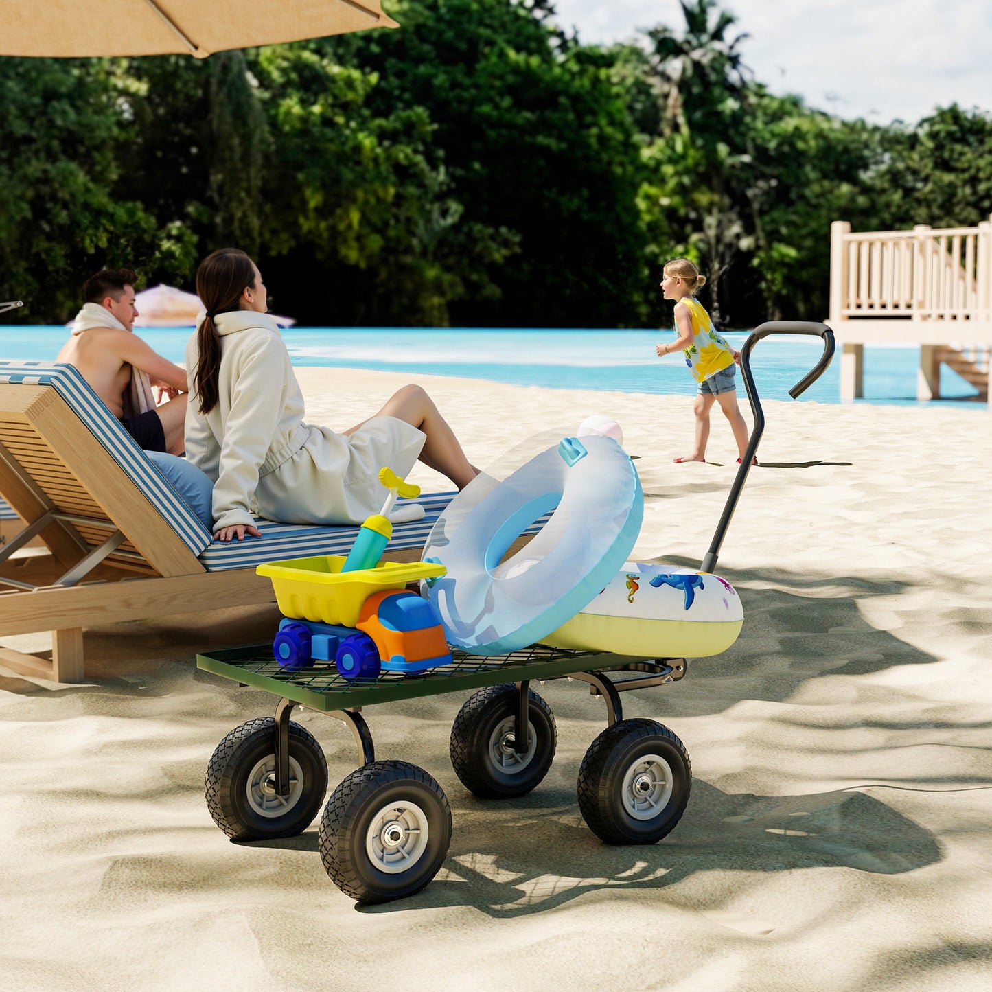 Garden Trolley Cart, Heavy Duty Garden Cart with Metal Frame, 10" Pneumatic Wheels, Rotating Handle, 150kg Capacity