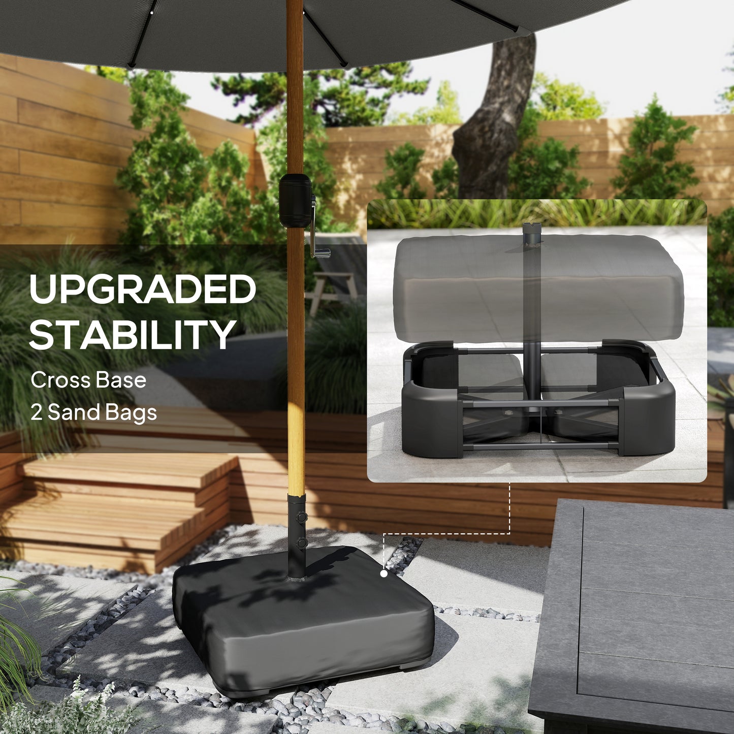 Double Sided Garden Parasol with Base Included & 48 Solar LED Lights Patio Umbrella Crank Handle 4.6m Light Grey
