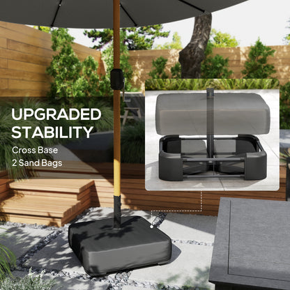 Double Sided Garden Parasol with Base Included & 48 Solar LED Lights Patio Umbrella Crank Handle 4.6m Light Grey