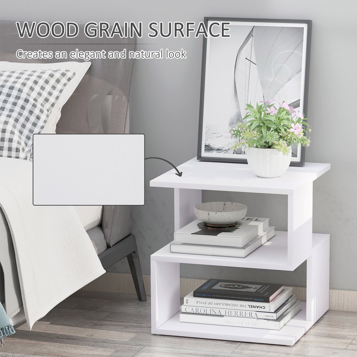 Side Table, Square Coffee Table, Modern End Table with 2 Tier Storage Shelves for Living Room, Bedroom, White
