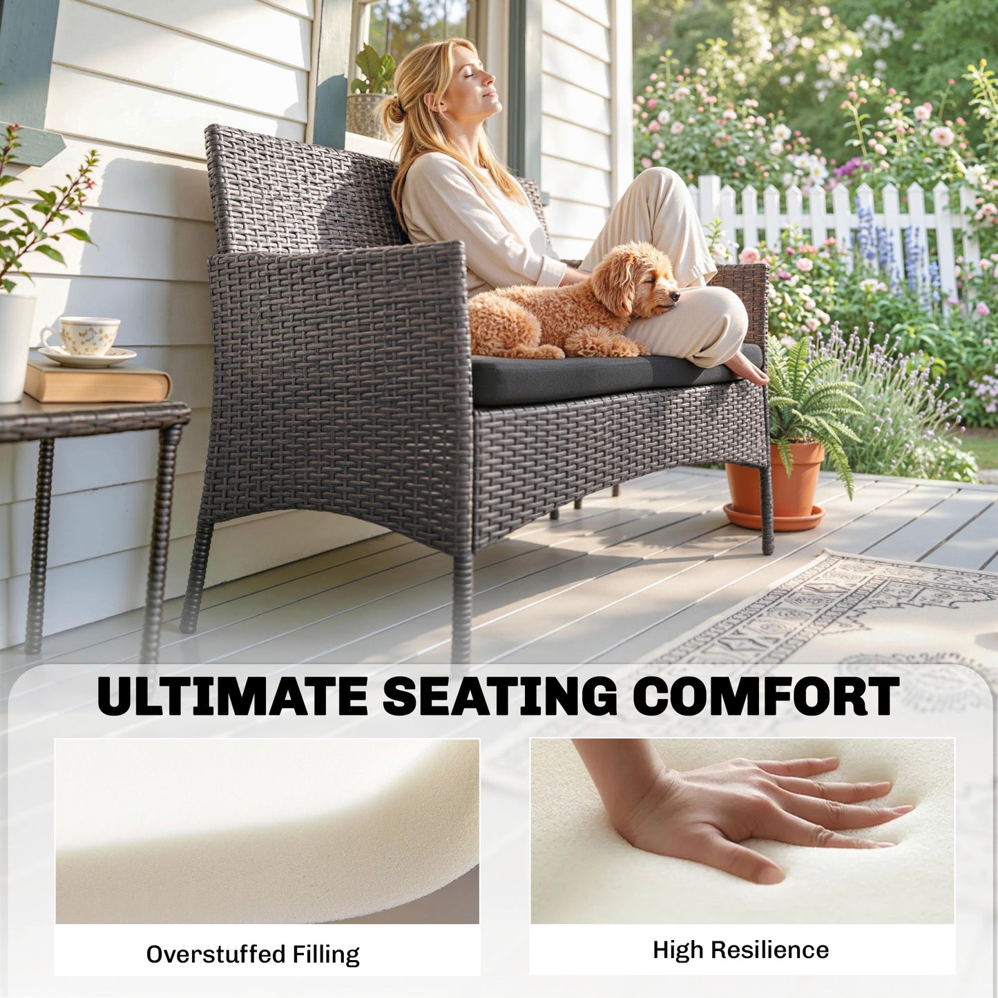 Outdoor Seat Cushion Pads for Rattan Furniture, 3 PCs Garden Furniture Cushions, Black