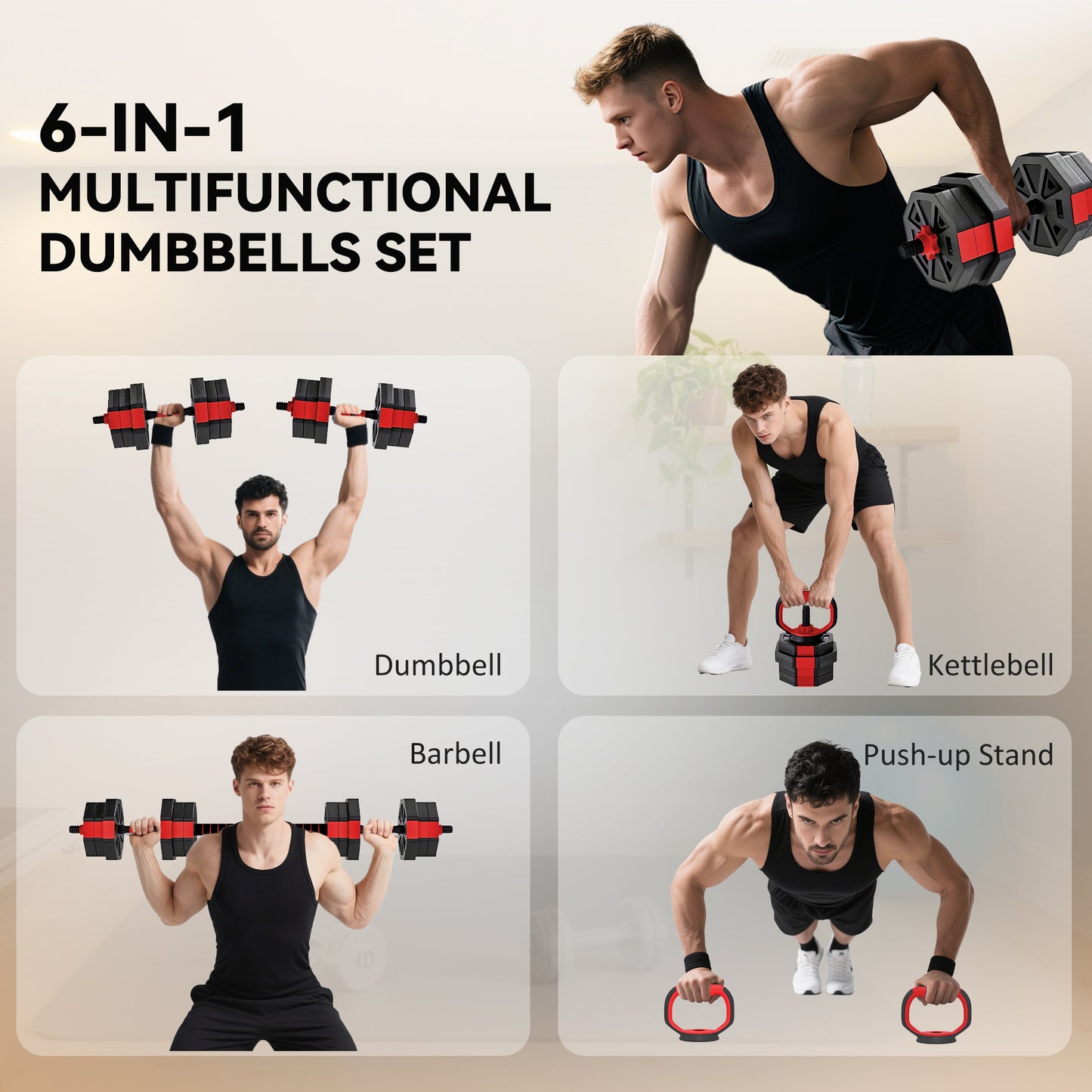 6-in-1 Adjustable Weight Dumbbells Set, Used as Kettlebell, Barbell, Dumbbell, Push-Up Stand