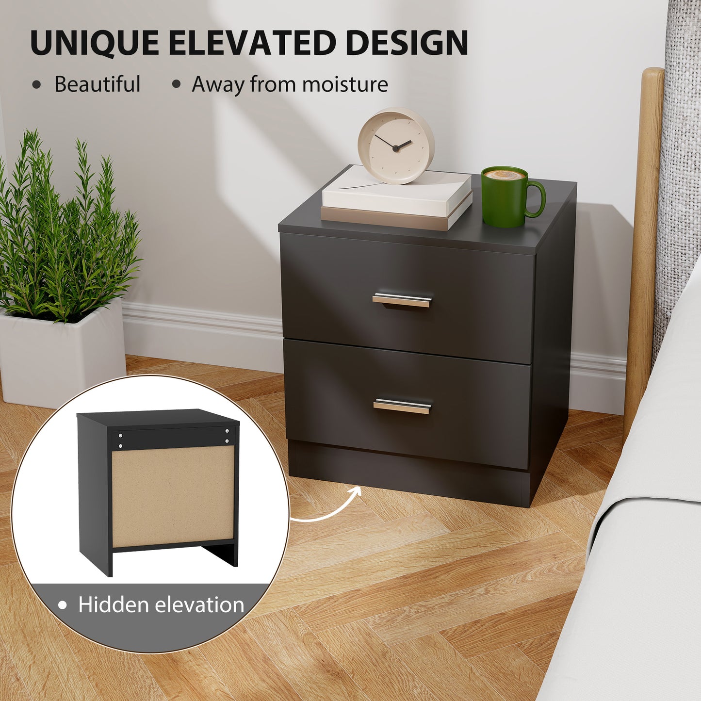 Modern Bedside Table, Beside Cabinet with 2 Drawers, for Bedroom, Living Room, Black
