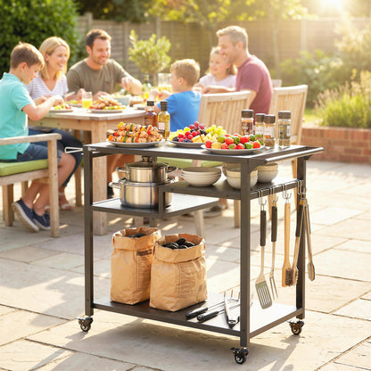 Outdoor Grill Cart, Three-Tier Pizza Oven Stand with Steel Tabletop, Hooks, Rubbish Bag Holder, Wheels, Black