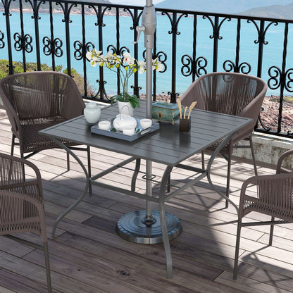 94 x 94 cm Garden Table with Parasol Hole, Outdoor Dining Garden Table for Four with Slatted Metal Plate Top, Dark Grey