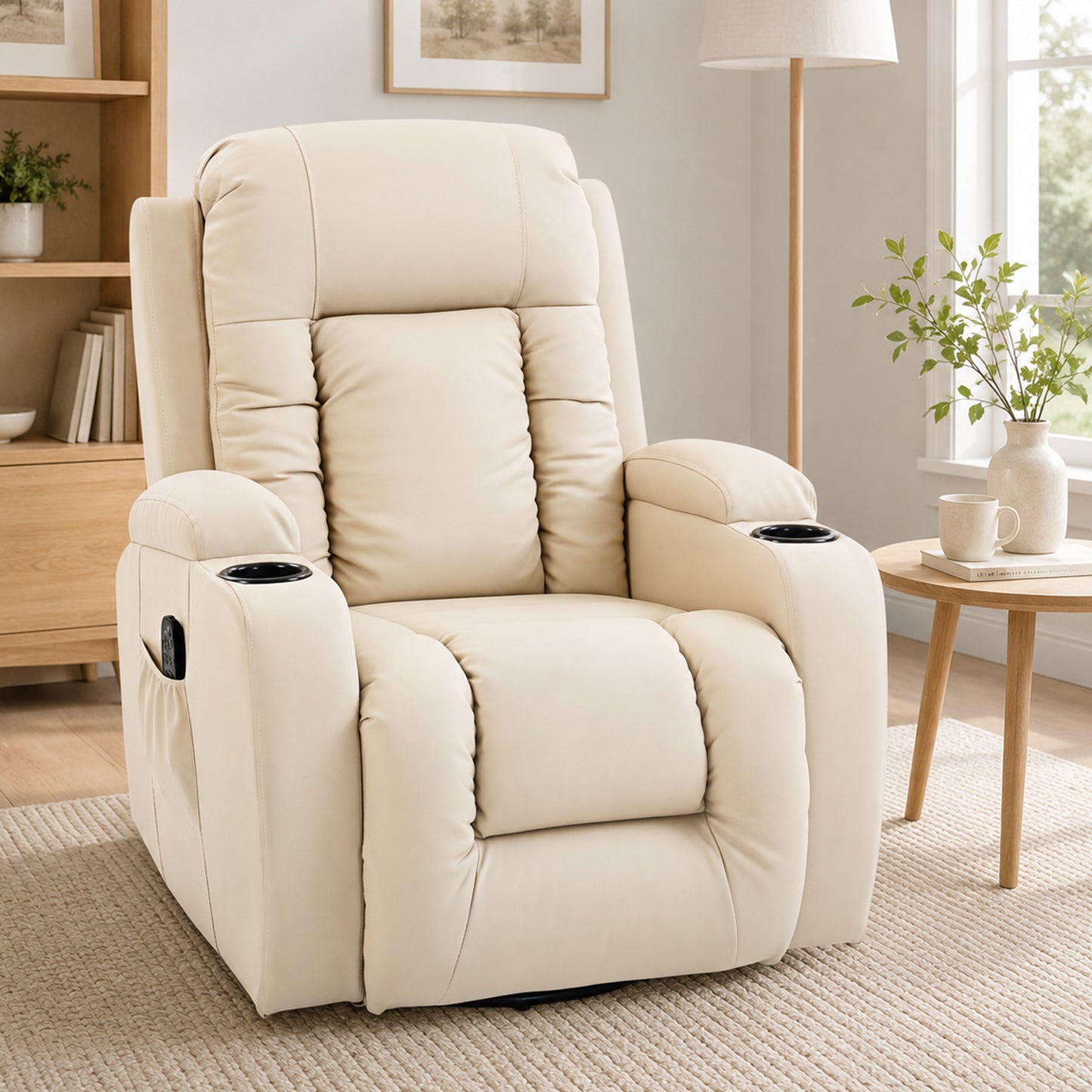 PU Leather Recliner Chair, Recliner Armchair with Extended Footrest, Cup Holders and Side Pockets, Cream