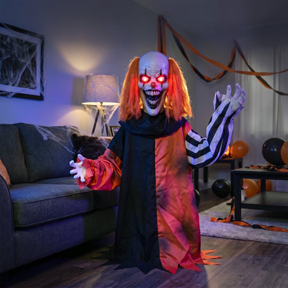 Animated Halloween Face Changing Clown, Animatronic Joker with Cackling Sound, Glowing Eyes, Sound/Touch Activated