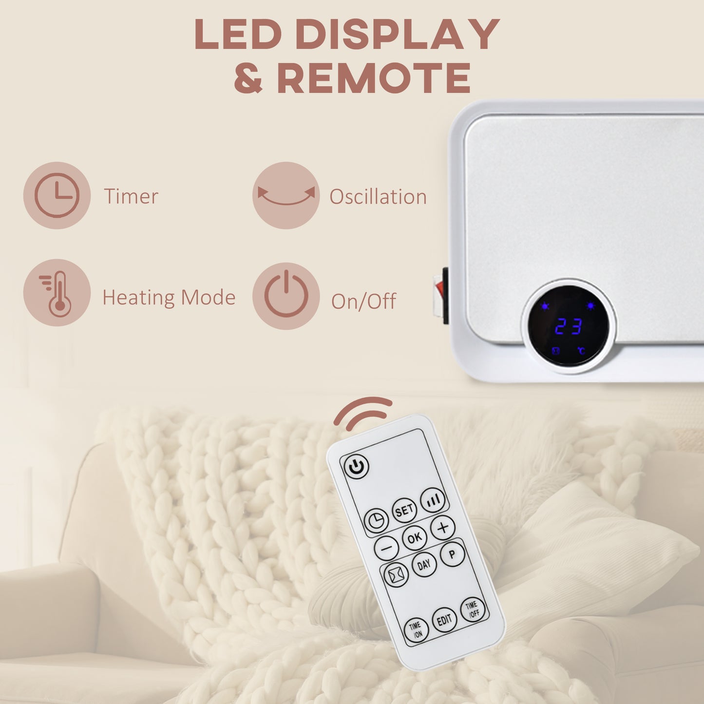 Wall Downflow Heater 2 Heat and Fan 1000W/2000W, Electric Space Heater with Timer Remote Oscillating