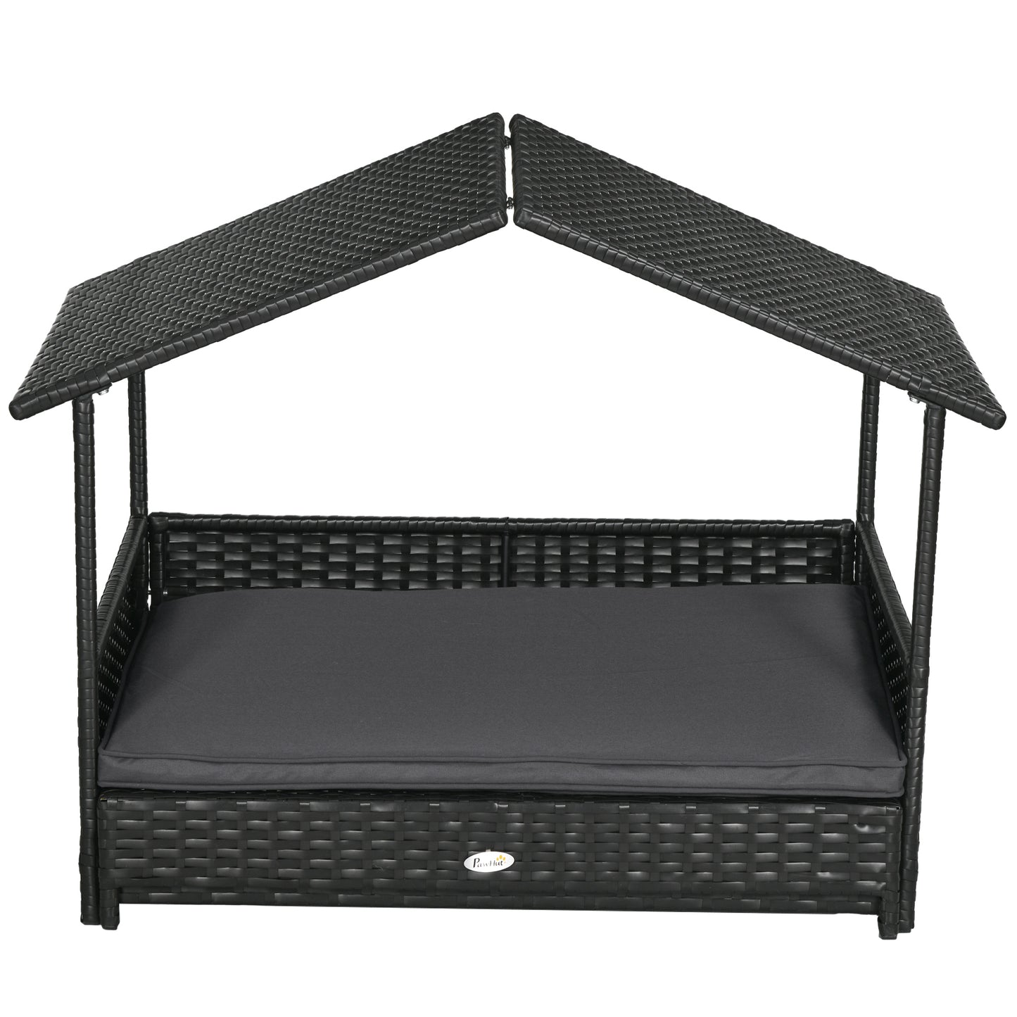 Extendable Elevated Dog Bed, Rattan Dog House w/ Water-Resistant Roof, Removable Cushion - Grey