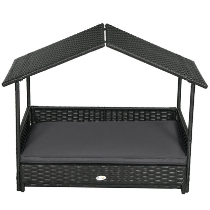 Extendable Elevated Dog Bed, Rattan Dog House w/ Water-Resistant Roof, Removable Cushion - Grey
