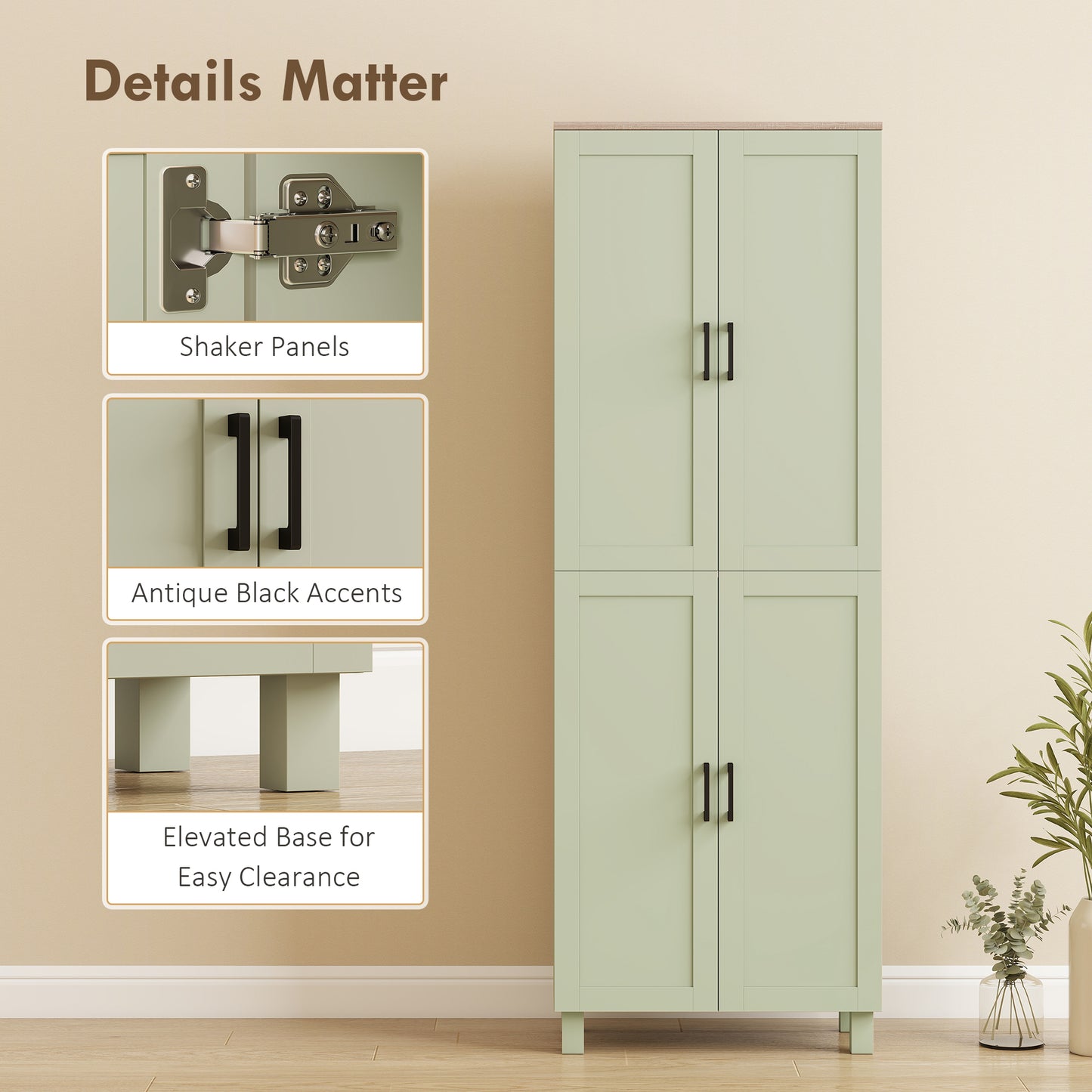 Freestanding Kitchen Cupboard, 4-Door Storage Cabinet with Adjustable Shelves, Modern Kitchen Pantry, 170cm, Green
