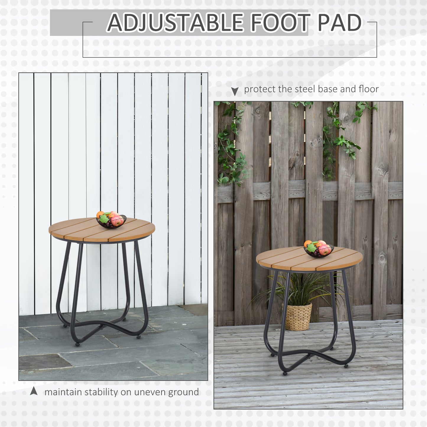 Round Outdoor Side Table Adjustable Leg Pads Garden Table 49 x 49 x 48 cm Natural Wood & Black