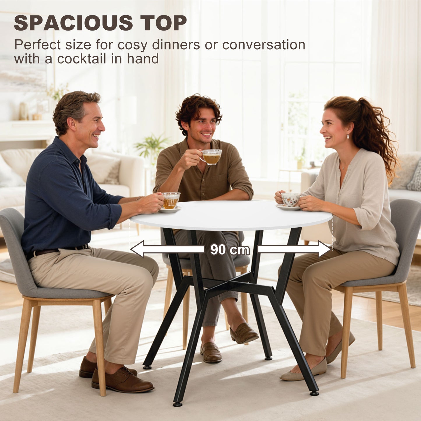 Dining Table, Round Kitchen Table with Black Legs for Living Room, Dining Room 90 x 76 cm, High Gloss White