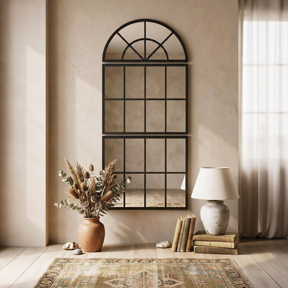 Large Arched Wall Mirror with Metal Grid, 3-Piece Split Window Mirrors, 120 x 54 cm, Black