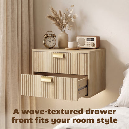 Modern Floating Nightstands Set of 2, Wall Mounted Bedside Tables with 2 Drawers, Oak