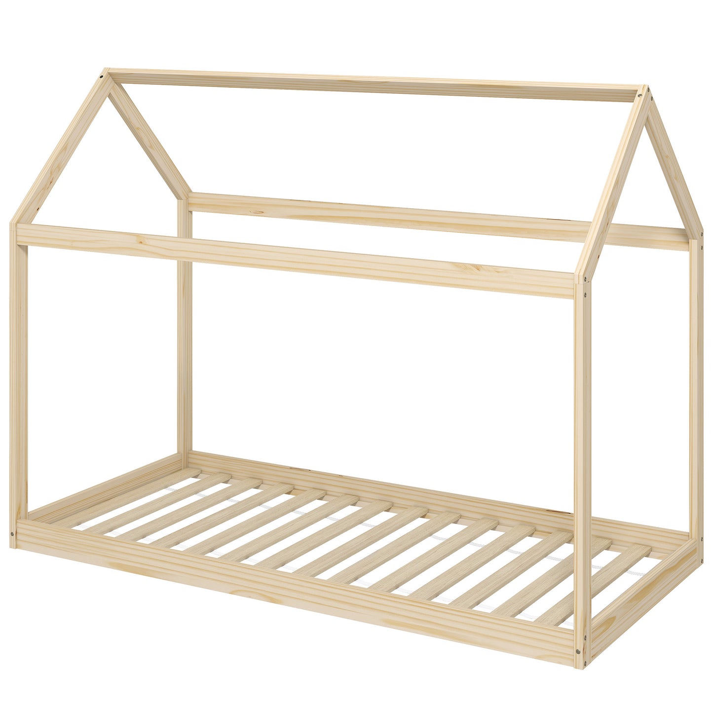 Single Bed Frame, House Scandinavian Wooden Bed Frame for 90W x 190Dcm Mattress, Pine Wood Bed Base, Natural Wood Finish