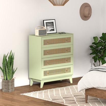 Rattan Chest of Drawers, 4 Drawer Storage Unit with Tapered Legs, Bedroom Storage Organiser Dresser for Bedside, Entryway