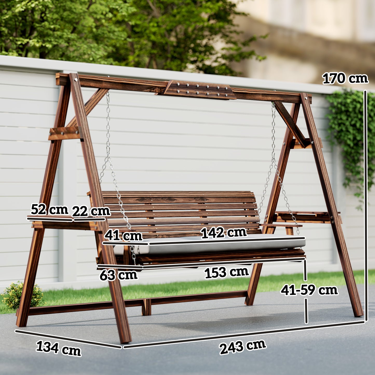 3 Seater Garden Swing Seat, Wooden Swing Chair Bench with Cushion, Side Trays and Metal Chains, for Outdoor Porch Patio