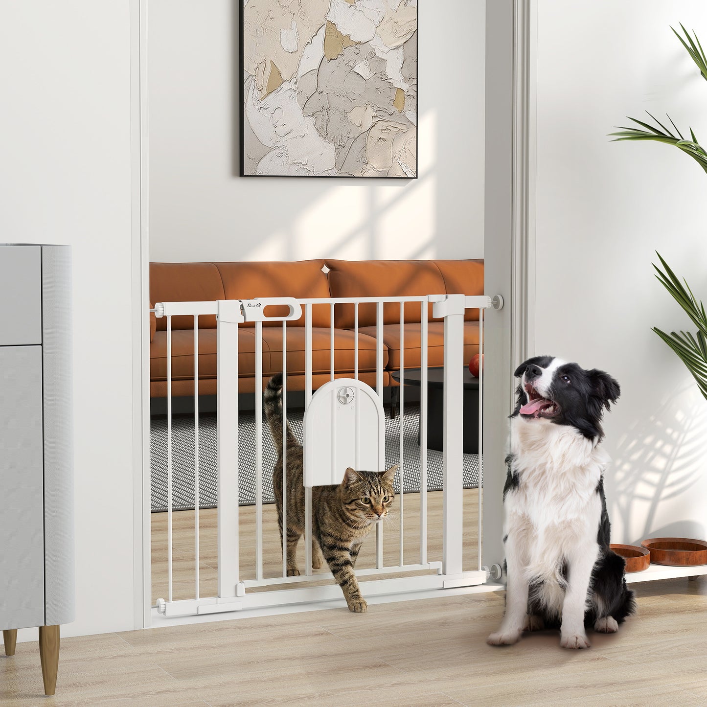 Dog Gate with Cat Flap Pet Safety Gate Barrier, Stair Pressure Fit, Auto Close, Double Locking, for Doorways, Hallways