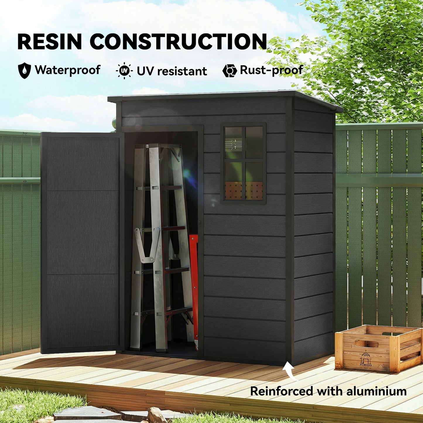 5' x 3' Garden Shed with Floor, Outdoor Storage Shed with Lockable Door, Window and Vent, Dark Grey