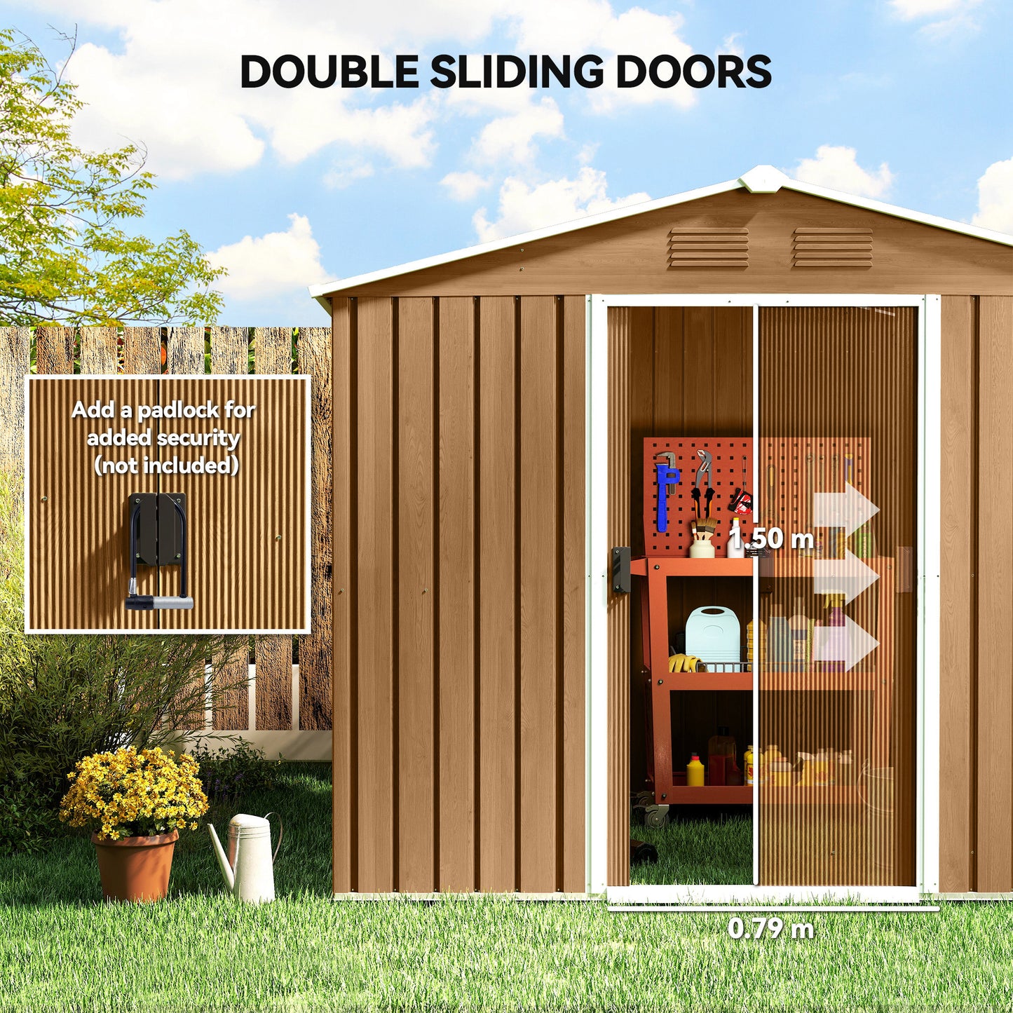 8 x 6ft Galvanised Steel Shed, with Double Door - Brown