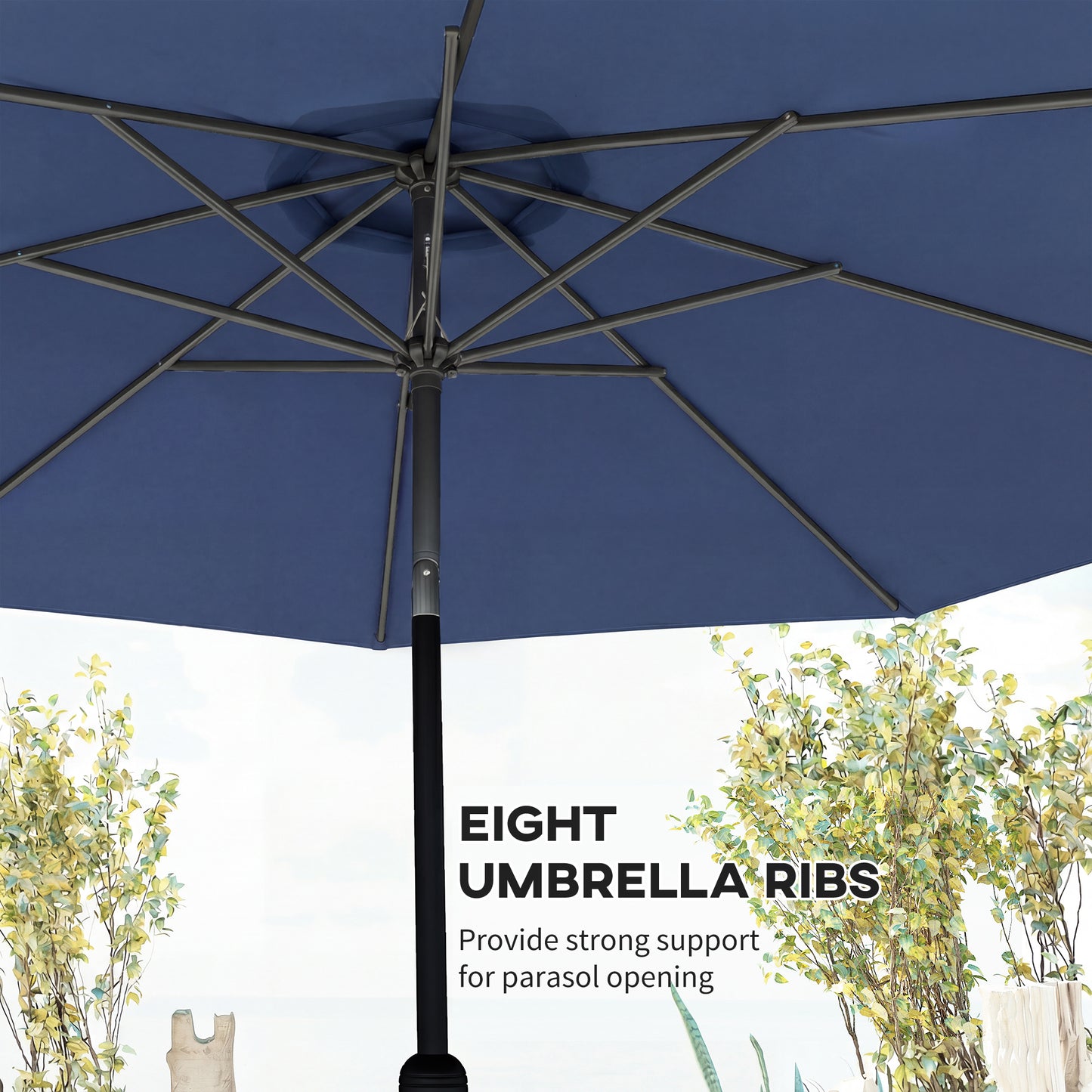 3 m Garden Parasol Umbrellas, Outdoor Sun Shade with 8 Ribs, Tilt and Crank Handle, Navy Blue