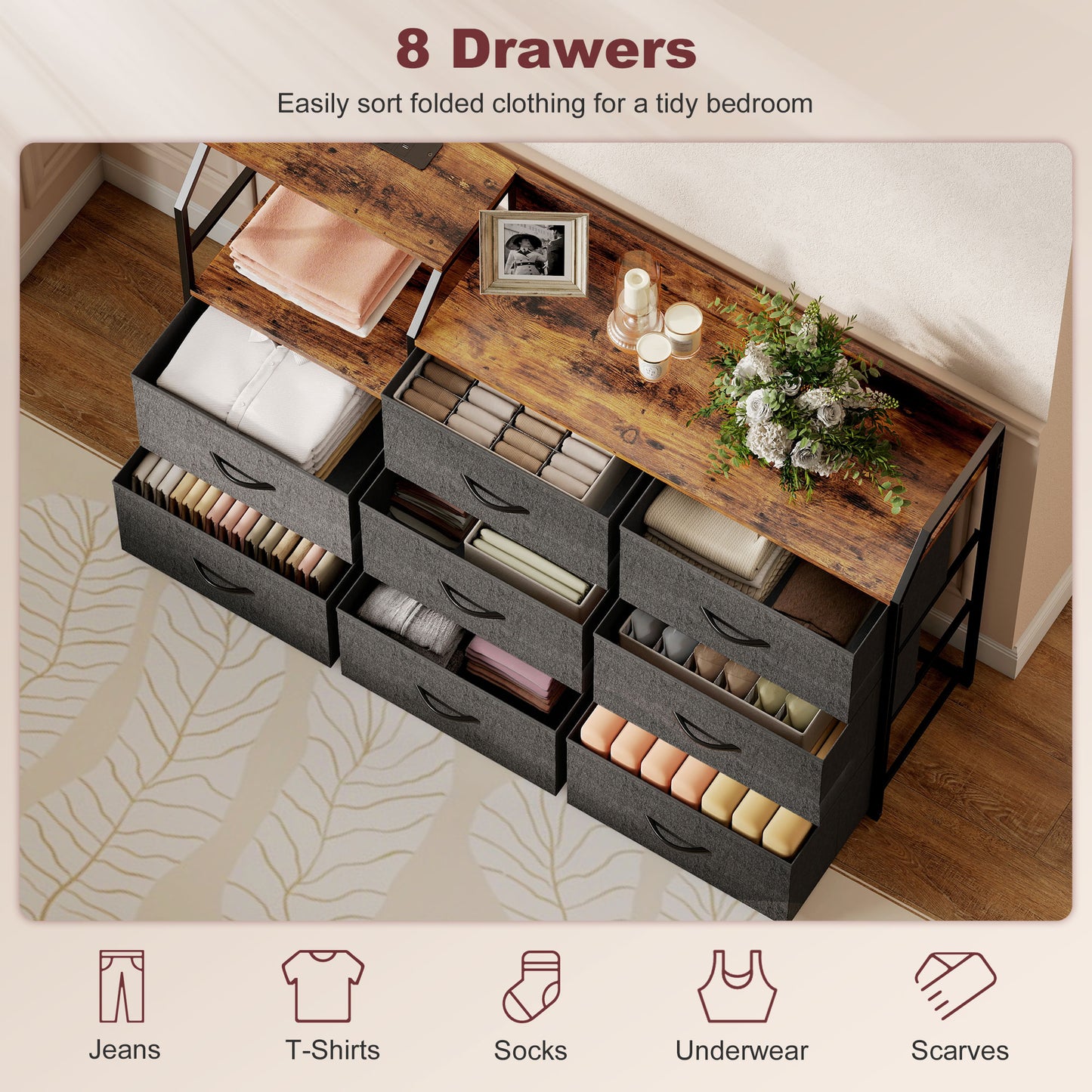 Chest of Eight Drawers, with Charging Station - Brown/Black