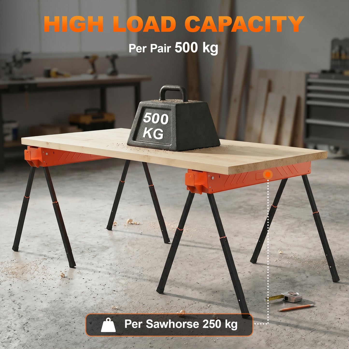 Saw Horses Twin Pack, Folding Work Bench Sawhorses with Height Adjustable Legs, 2x4 Bracket, Orange