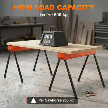 Saw Horses Twin Pack, Folding Work Bench Sawhorses with Height Adjustable Legs, 2x4 Bracket, Orange