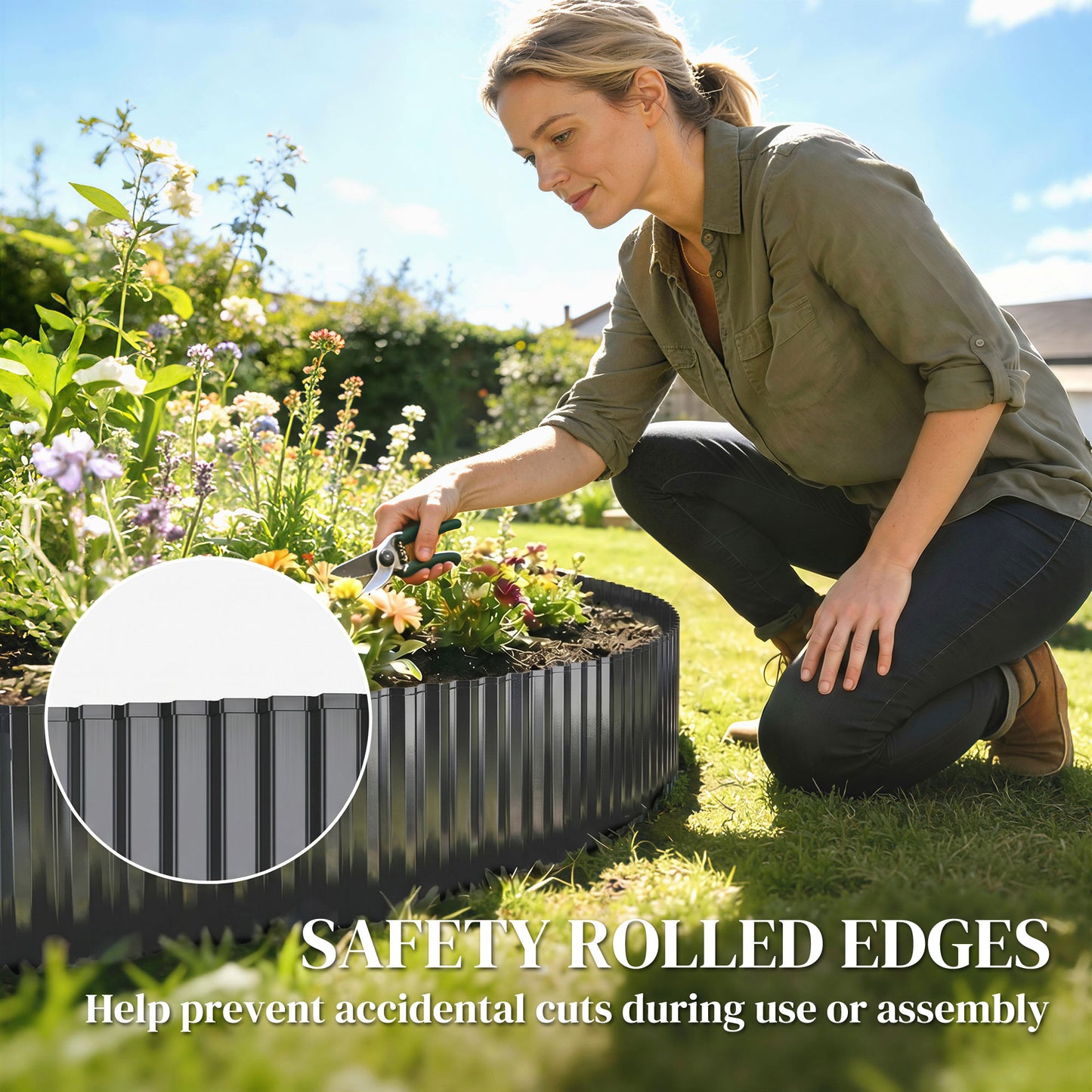 Metal Garden Edging Border, 8 in x 21.3 ft Corrugated Heavy Duty Galvanised Steel Lawn Edging, Dark Grey