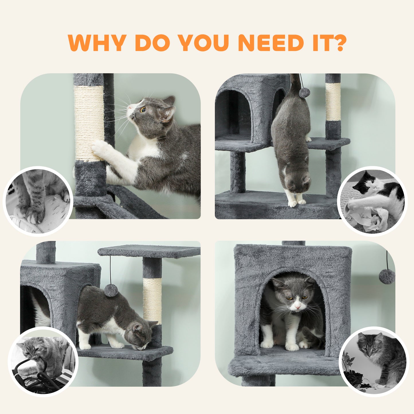 202cm Large Cat Tree with 6 Scratching Posts, 2 Hammocks, 2 Condos, 2 Perches, Pompoms, for Indoor Cats to Rest and Play