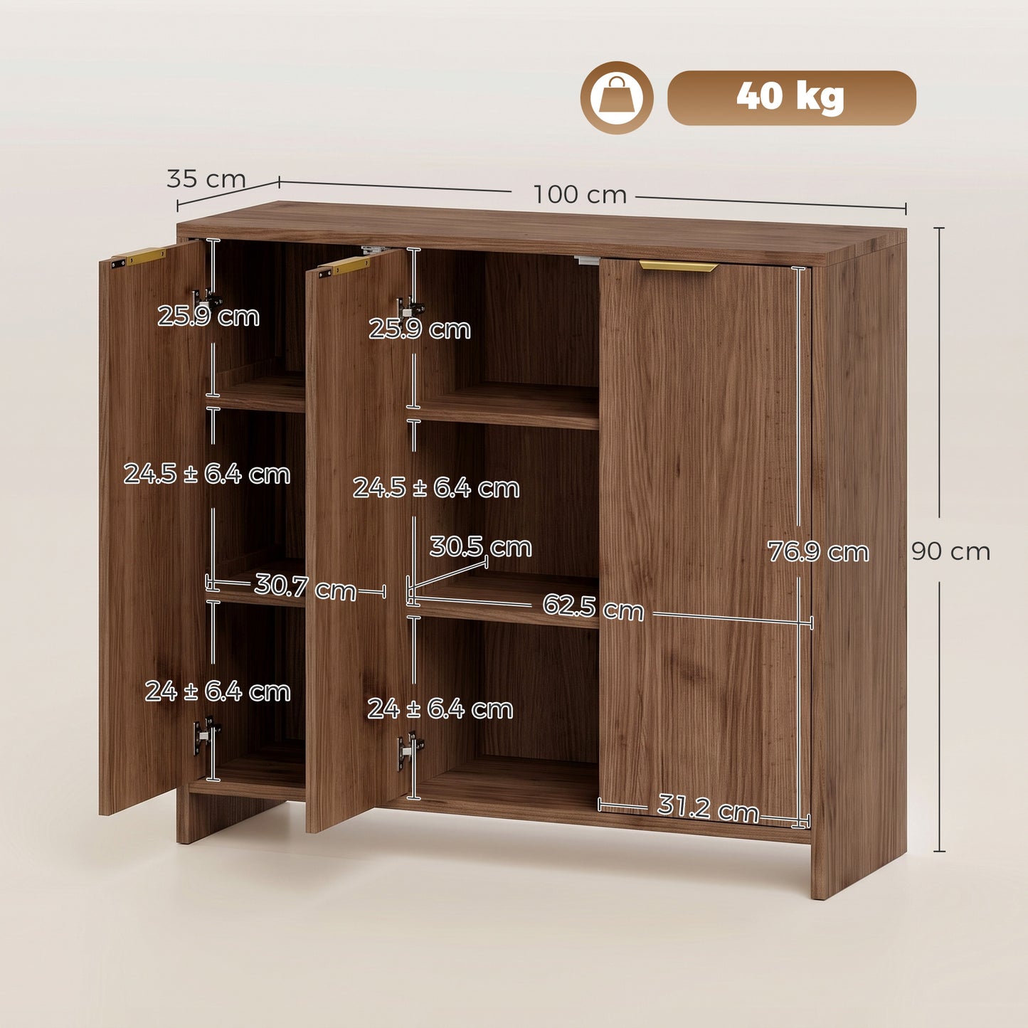 Sideboard Cabinet, Modern Storage Cabinet with 3 Doors and Adjustable Shelves for Living Room, Dining Room, Brown