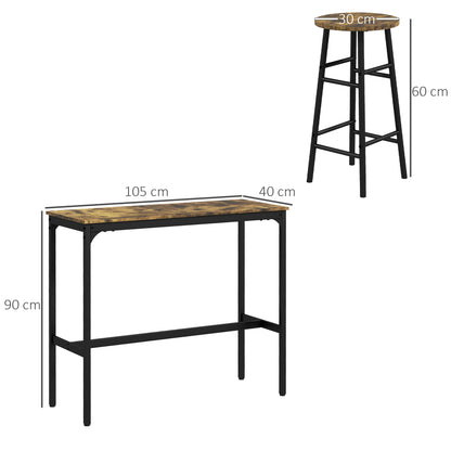 3 Piece Bar Table Set with 2 Stools, Industrial Bar Table and Stool Set, Dining Table and Chair Set, Rustic Brown