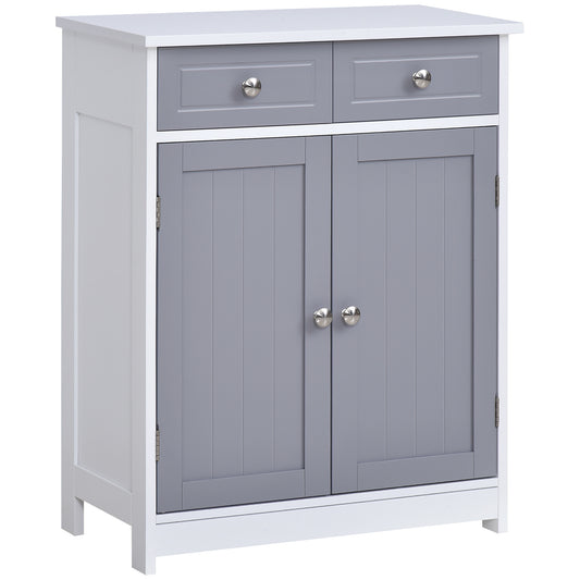 75x60cm Freestanding Bathroom Storage Cabinet Unit w/ 2 Drawers Cupboard Adjustable Shelf Metal Handles Traditional Style Gre