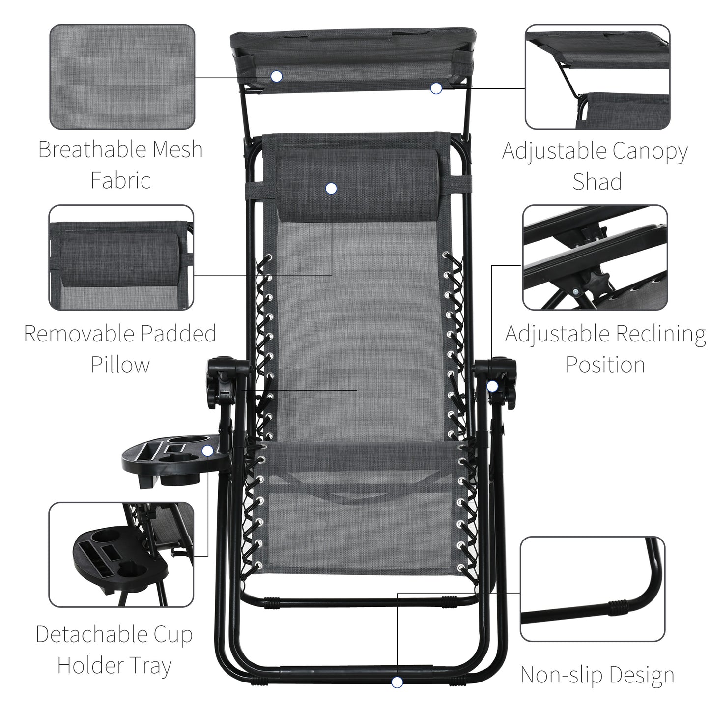 Foldable Reclining Garden Chair with Headrest, Zero Gravity Deck Sun Lounger Seat Chair with Footrest, Armrest