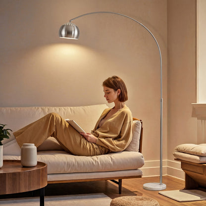 Arc Floor Lamp for Living Room, Modern Adjustable Standing Lamp with Faux Black Marble Base Silver Tone