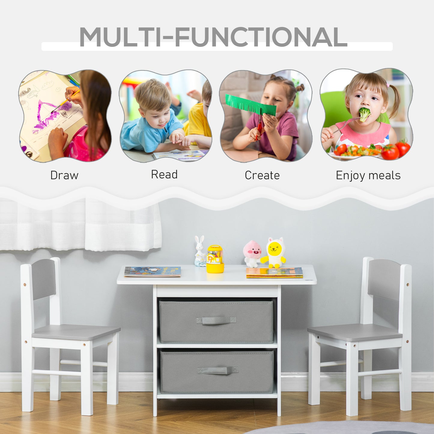 3 Pcs Kids Table & Chairs Set Mini Seating Furniture Home Playroom Bedroom Dining Room w/ Storage Drawers Safe Corners for 2