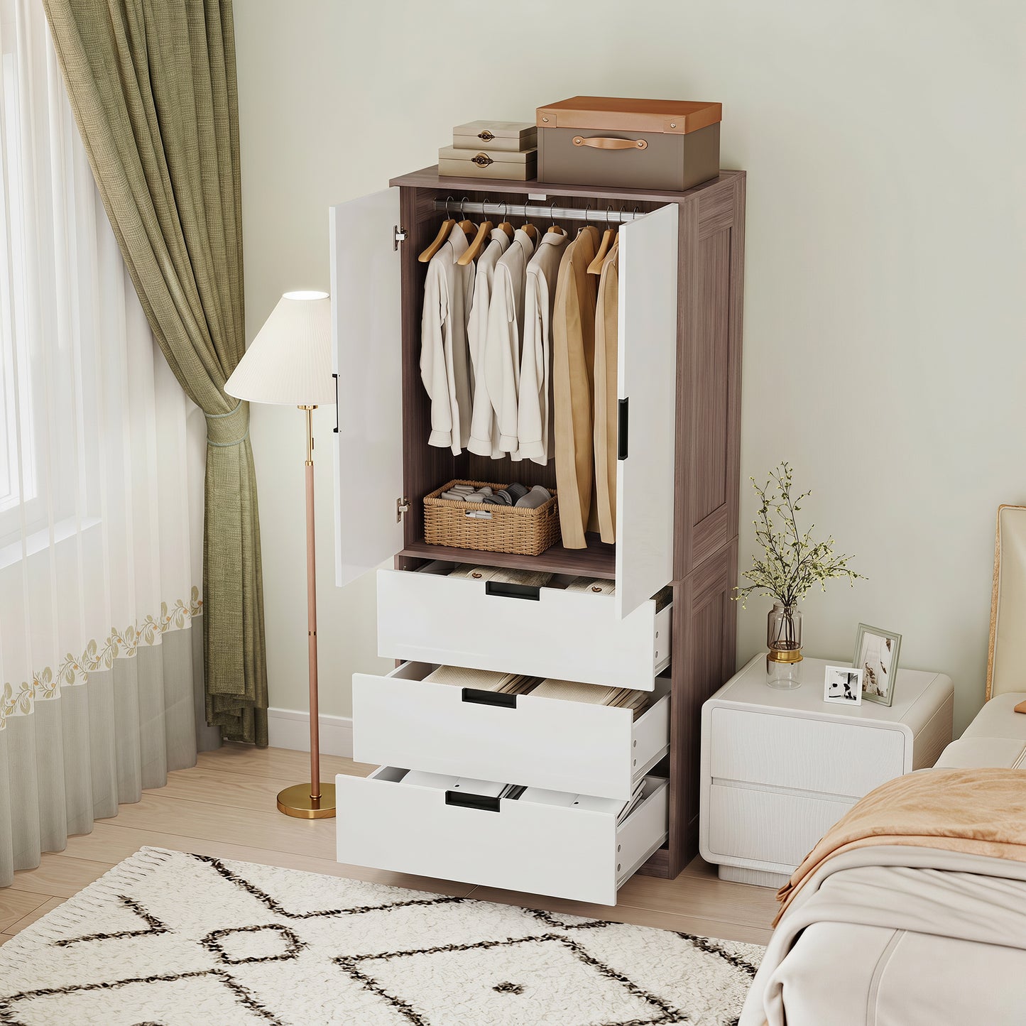 Modern Clothes Storage Cupboard Unit, 3 Drawer 2 Door Wardrobe with Hanging Rod, White/Brown