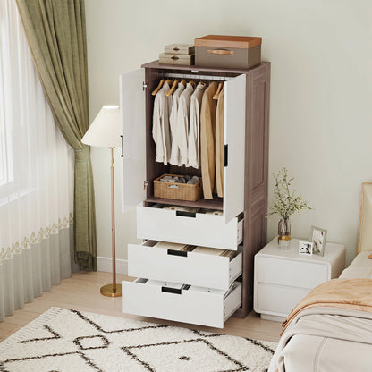 Modern Clothes Storage Cupboard Unit, 3 Drawer 2 Door Wardrobe with Hanging Rod, White/Brown