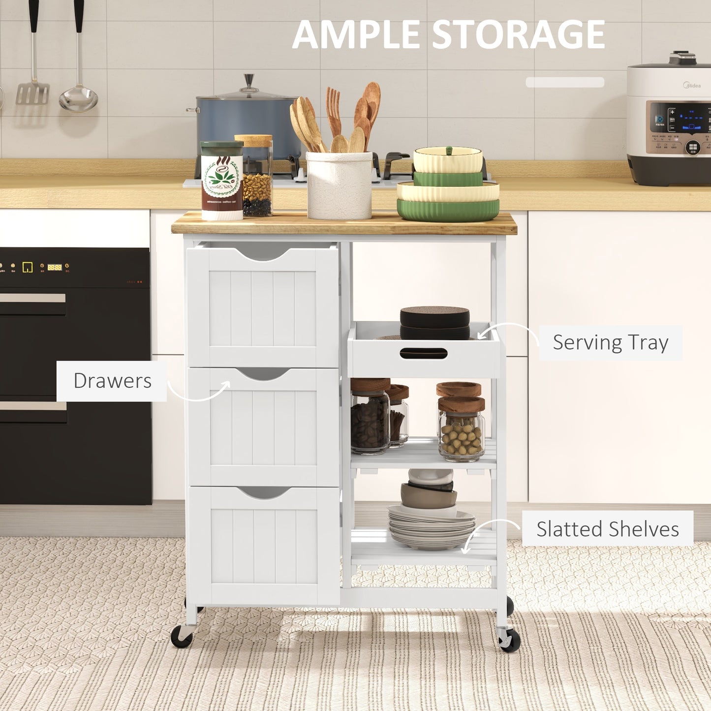 Rolling Kitchen Island Cart, Bar Serving Cart, Compact Trolley on Wheels with Wood Top