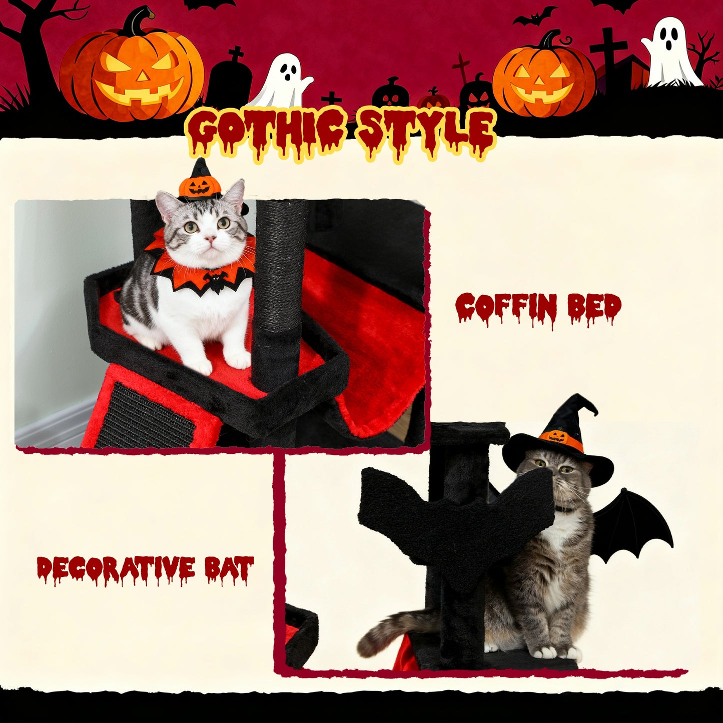 Gothic Cat Tree, 152 cm Multi-Level Cat Tower for Large Cats with Coffin Bed, Large Condo, for Halloween
