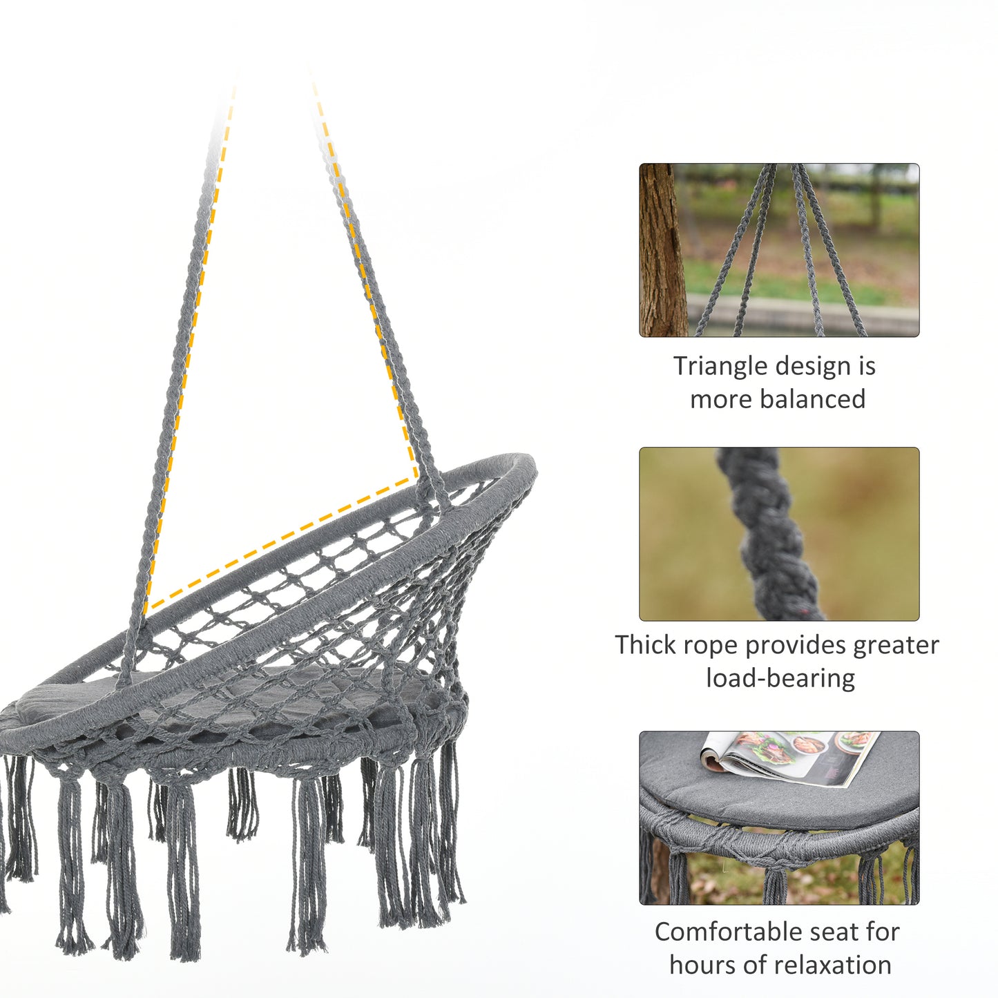 Outdoor Cotton-Polyester Blend Macrame Hanging Rope Chair with Cushion, Portable Garden Chair with Fringe Tassels for Patio